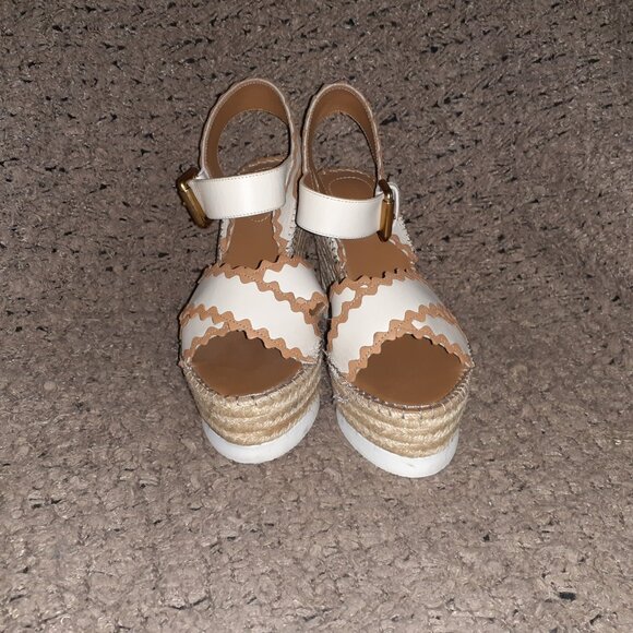 SEE BY CHLOÉ-Glyn Espadrille-Cream Leather w/Tan Trim-Sz 38-Near Mint - Picture 3 of 8